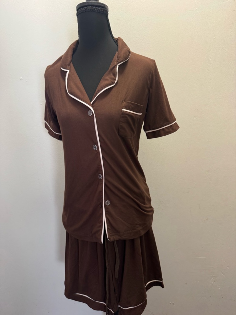 Women's Brown Short Sleeve Pajama Set with White Piping